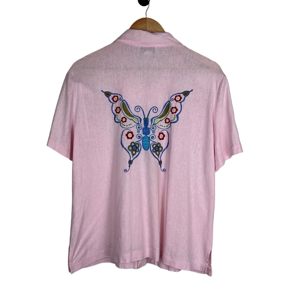 AKC Womens Pink Linen Blend Butterfly Embroidered Shirt Size XL Artsy